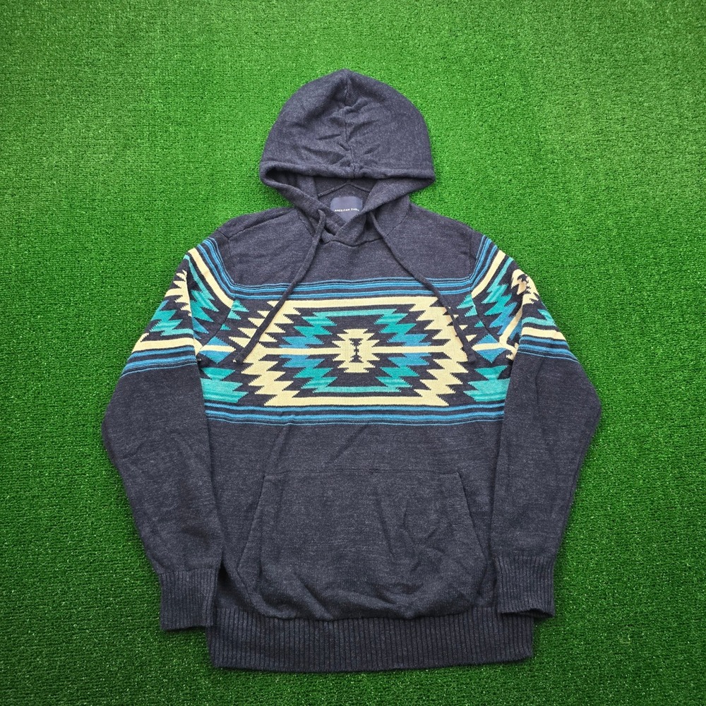 American Eagle‎ Hoodie Sweater Mens Medium Blue Navajo Southwestern Baja Aztec